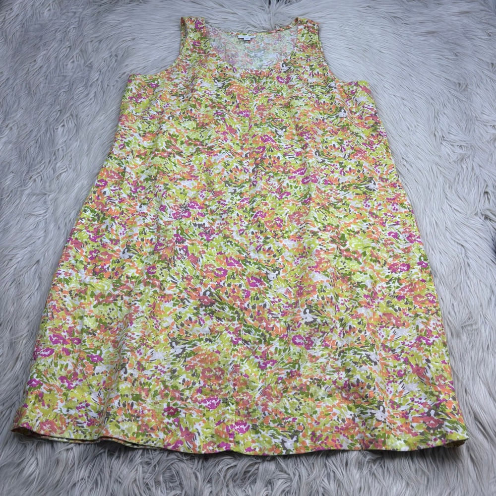 J. Jill Women's L Green Orange Floral 100% Linen Sleeveless Shift Dress Spring